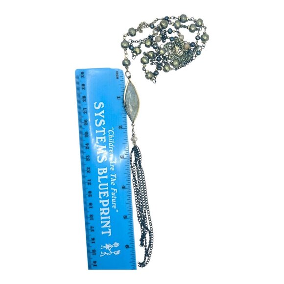 Handcrafted Beaded Necklace With Labradorite Pendant & Tassel Gunmetal Chain - Picture 4 of 11